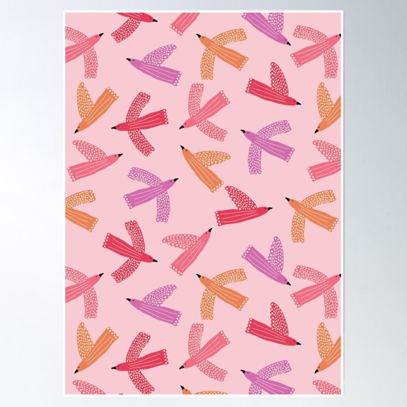 369 Prints Whimsy Flying Birds In Pink Tones- No Framed, Vintage Wall Art, Trendy Retro Print, Room Decor, Wall Art UNFRAMED, 12x18