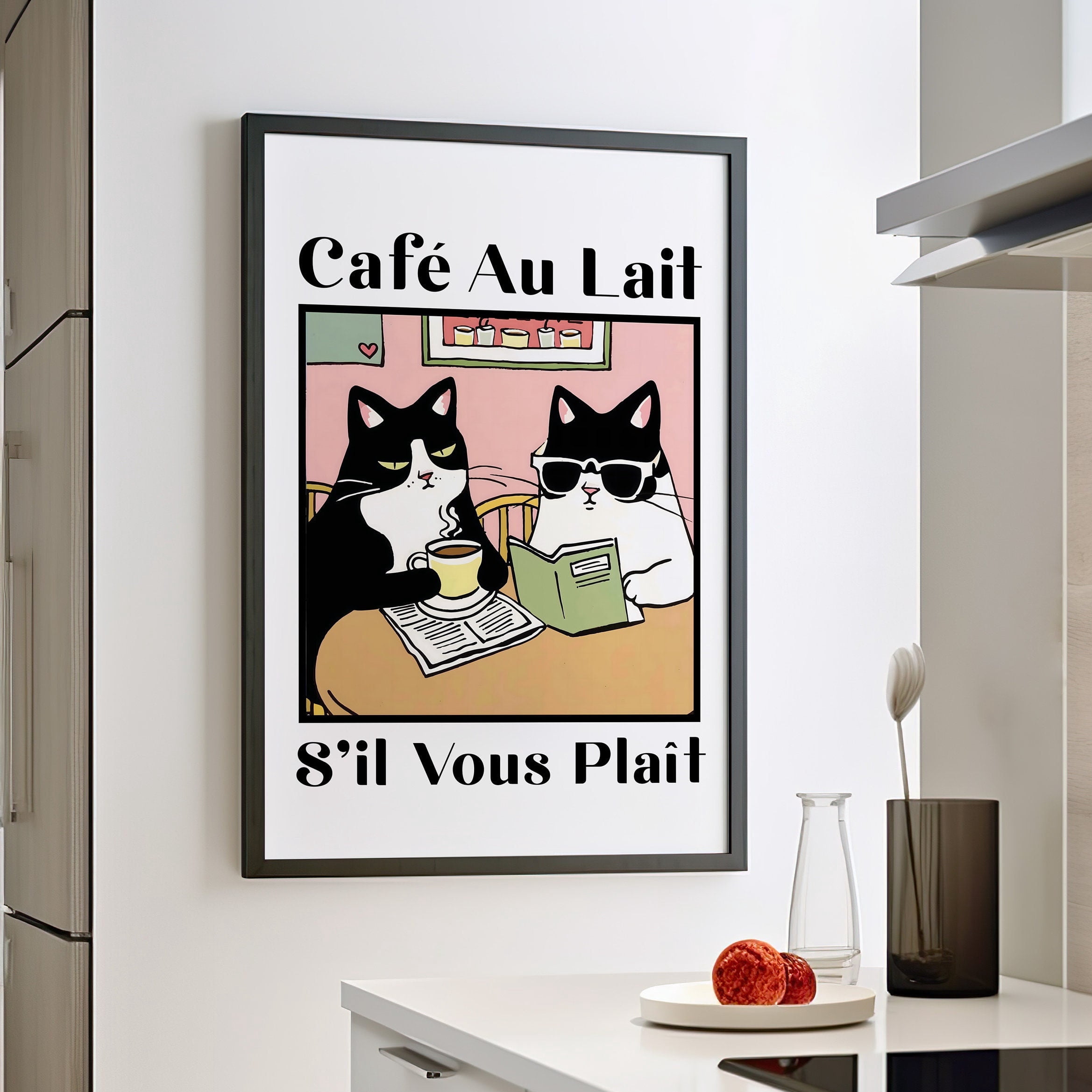 369 Prints White And Black Cats Reading Newspaper And Coffee ...