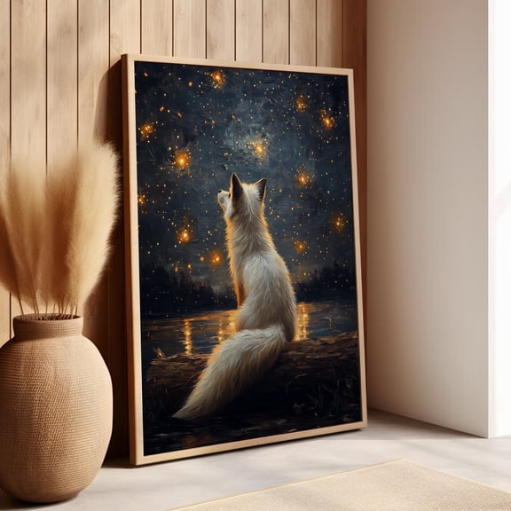 369 Prints White Fox Sitting On A Log Stargazing Inspired Starry Night Sky Oil Poster Abstract Sky Wild Animal Wall Art UNFRAMED, 16x24