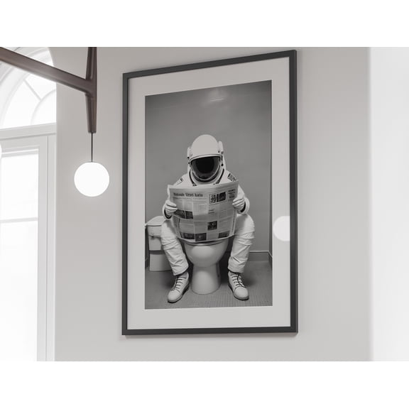 369 Prints astronaut Reading Newspaper On Toilet Print, Bathroom Poster, Black And White, Funny Bathroom Wall Art, Restroom Decor,, Poster Only