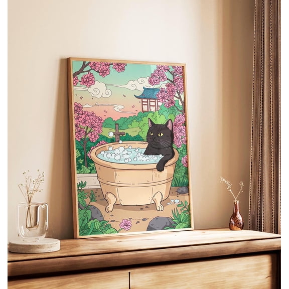369 Prints black Cat In Bathtub Art, Funny Bathroom Print, Japanese Art, Japandi Wall Art, Physical Print, Cherry Blossom Cat Poster, Cat Lovers Gift UNFRAMED, 8x12
