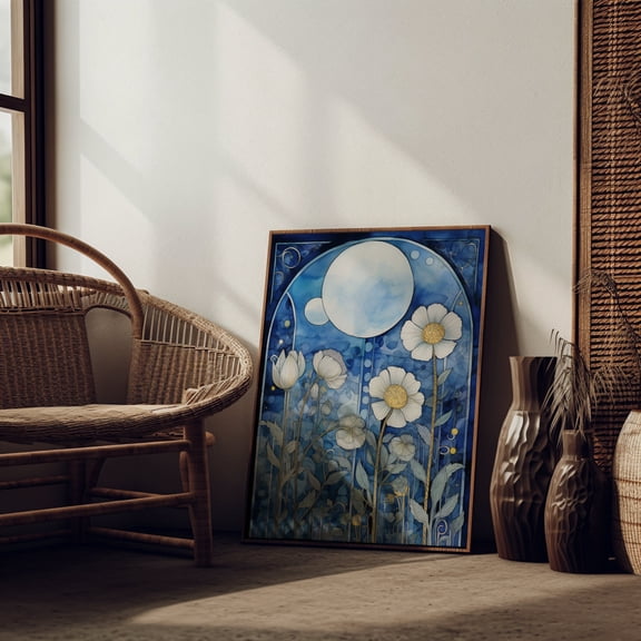 369 Prints blue Moon Illustration Spiritual Art Print, Boho Gift Idea, Blue Folk Flower, Nature Mystical Artwort, Floral Vintage Stars Blue Room Decor UNFRAMED, 16x24