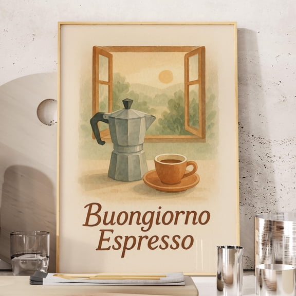 369 Prints buongiorno Espresso Kitchen Wall Decor For Coffee Lovers, Italian Coffee Print With Moka Pot And Espresso Cup,Housewarming Gifts For Friends UNFRAMED, 8x12