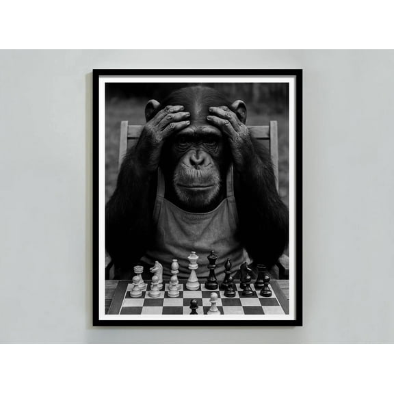 369 Prints checkmate Print, Monkey Playing Chess Poster, Black And White, Vintage Chimpanzee Photo, Funny Wall Art, Games Room Decor, UNFRAMED, 12x18