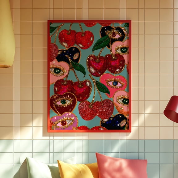 369 Prints cherry Poster, Surreal Funky Print, Maximalist Glam Artclectic Fruit Wall Decorye Themed Print, Kitchen Wall Decor, Bold Red Art Print UNFRAMED, 24x36