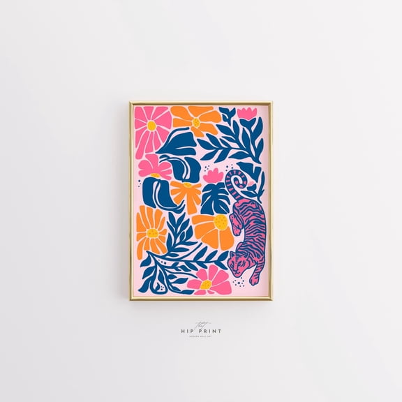 369 Prints colorful Tiger Wall Art, Jungle Floral Print, Bold Animal Poster, Boho Home Decor, Maximalist Artwork, Tropical Flower Wall Print UNFRAMED, 8x12