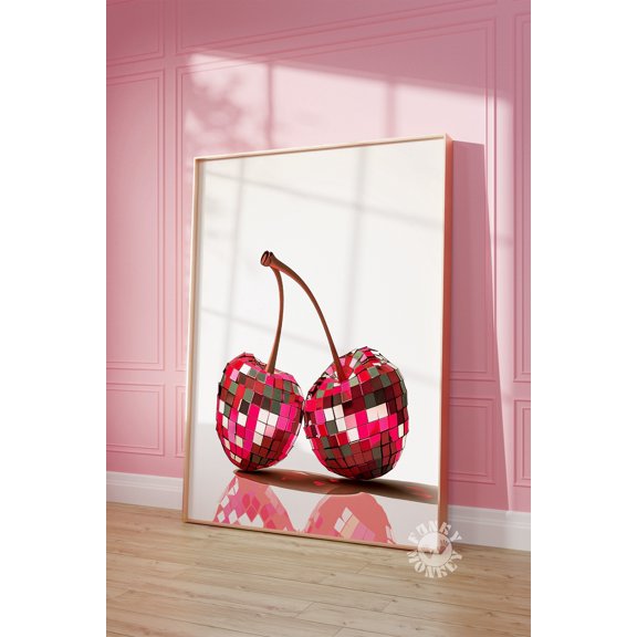 369 Prints disco Ball Cherry Print, Pink Red Disco Cherries, Preppy Aesthetic Trendy Wall Art Retro Kitchen Decor, Print UNFRAMED, 24x36