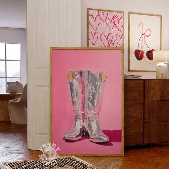 369 Prints disco Cowgirl Boots Print, Silver Cowboy Boots Western, Maximalist Decor, Retro Silver Boots, Dorm Room Pink Girly Prints UNFRAMED, 12x18