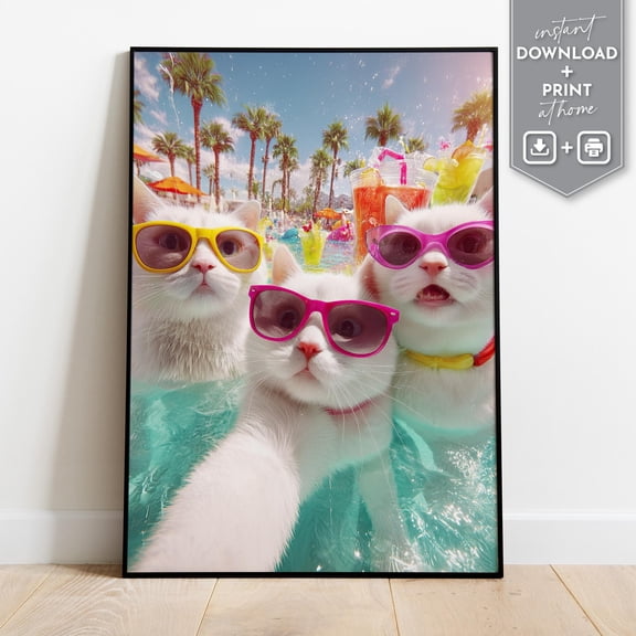 369 Prints funny Cat Art Print With White Kittens In Sunglasses At A Pool Party Perfect Cat Lover Gift Cat Gift Pet Portrait Decor UNFRAMED, 16x24