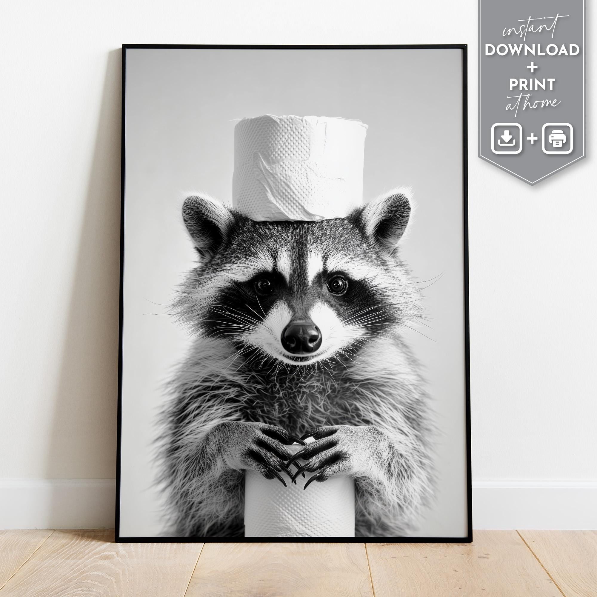 369 Prints funny Raccoon Bathroom Art Print, Black And White, Quirky