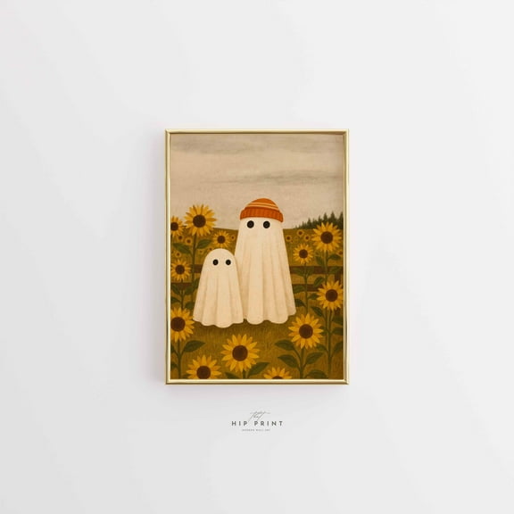 369 Prints ghosts In Sunflower Field Print – Cute Fall Halloween Wall Art, Autumn Ghost Decor, Cottagecore Spooky Vibes, Kids Room October Poster UNFRAMED, 12x18