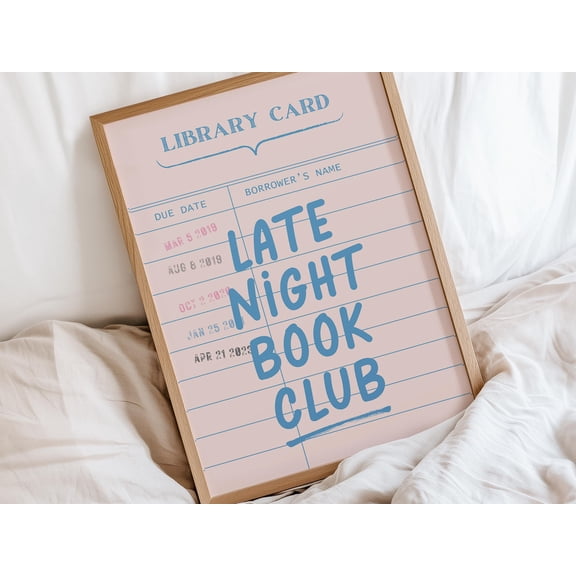 369 Prints late Night Book Club Library Card Print | Trendy Bookish Wall Art, Book Lover Gift, Pink & Blue Dorm Librariancore Poster UNFRAMED, 8x12