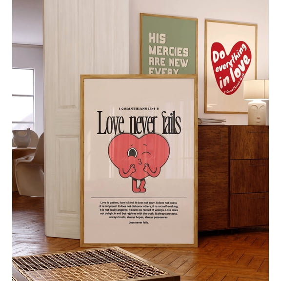369 Prints love Never Fails, Retro Bible Verse Wall Art, 1 Corinthians 13:4-8, Funny Christian Decor, Cute Wedding Gift UNFRAMED, 12x18