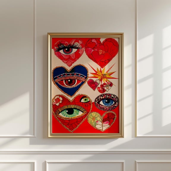 369 Prints maximalist Heart And Eye Poster - Eclectic Whimsical Art, Surreal Details, Vibrant Colors Art, Funky Poster, Dopamine Decor, Red Wall Art UNFRAMED, 24x36