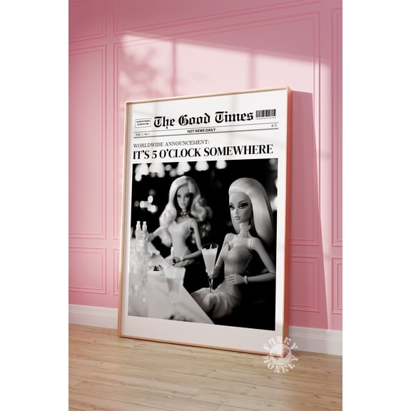 369 Prints newspaper Headline Print, Bar Cart Art Print, It'S 5 O'Clock Somewhere Poster, Trendy Retro Wall Art, Aesthetic Apartment Decor, Dorm Room UNFRAMED, 8x12