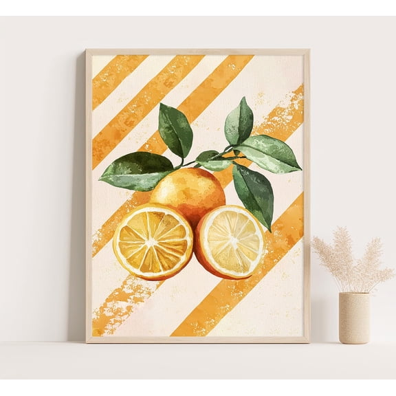 369 Prints orange Wall Art – Citrus Print With Pastel Stripes, Vintage Mediterranean Kitchen Decor UNFRAMED, 8x12