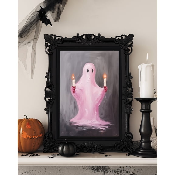 369 Prints pink Ghost Art, Halloween Ghost Decor, Cute Ghost, Ghost Holding A Candle Wall Art, Kids Room Print UNFRAMED, 12x18