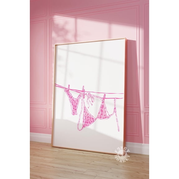 369 Prints pink Leopard Bikini Print, Retro Bikini On Clothesline Wall Art, College Apartment Decor, Coastal Dorm Room Posters, Girly Summer Print UNFRAMED, 12x18