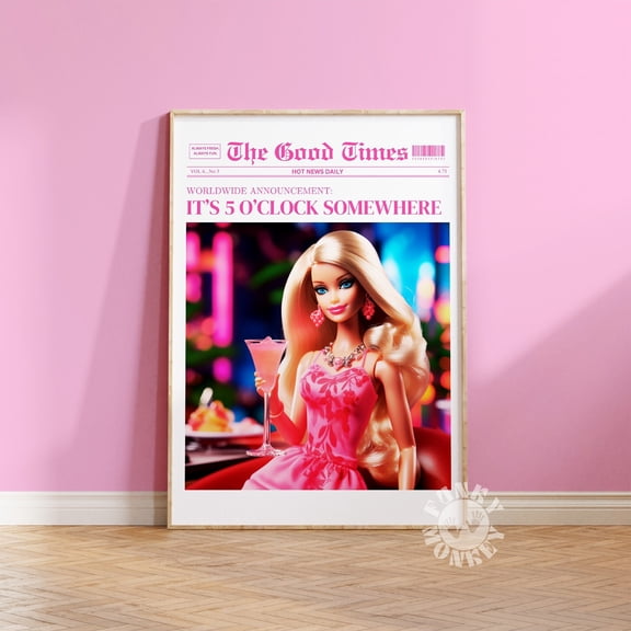 369 Prints pink Newspaper Headline Print, Bar Cart Art Print, It'S 5 O'Clock Somewhere Poster, Trendy Wall Art, Cute Girly Aesthetic Apartment Decor UNFRAMED, 8x12
