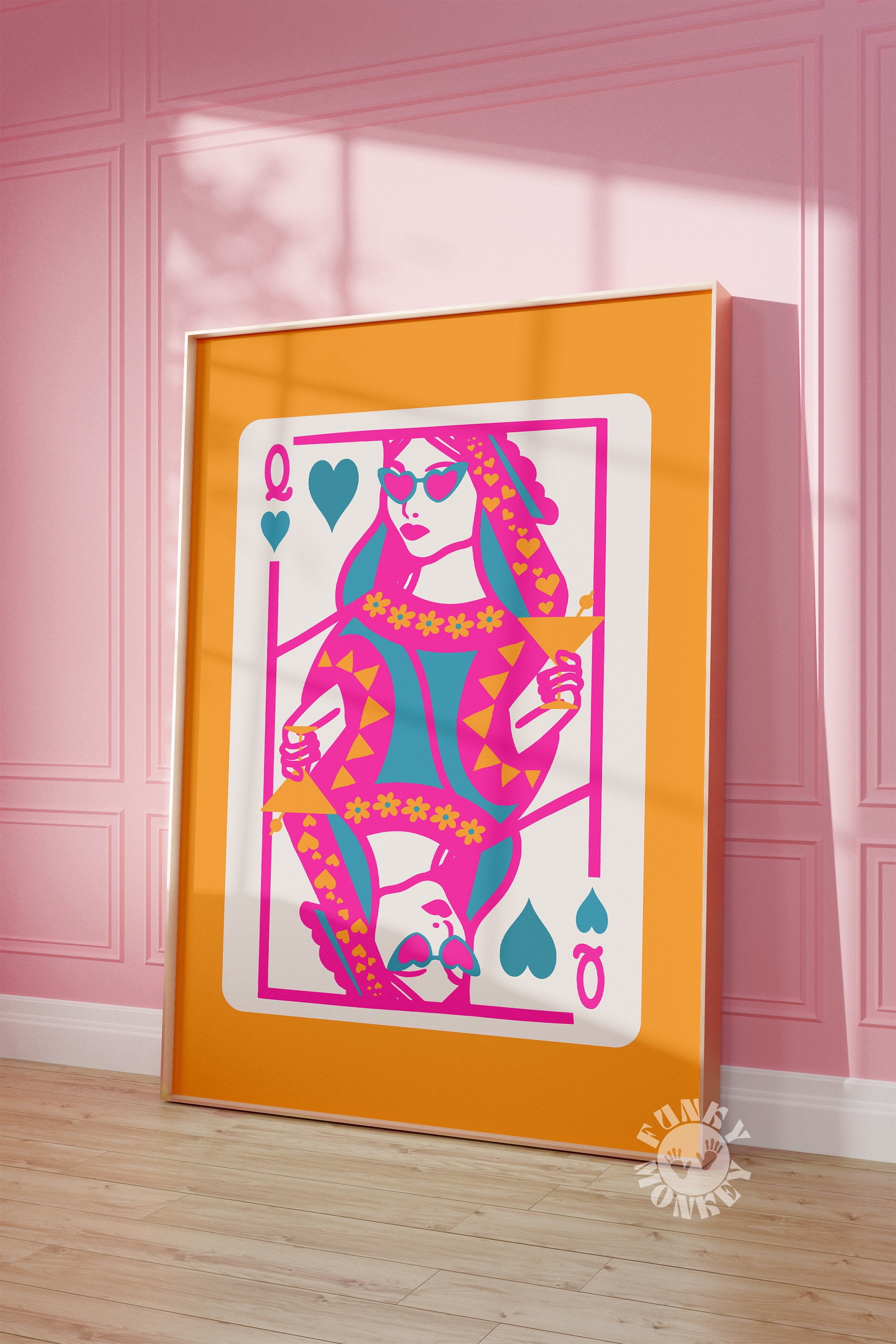 369 Prints queen Of Hearts Playing Card, Funky Wall Art Print, Pink