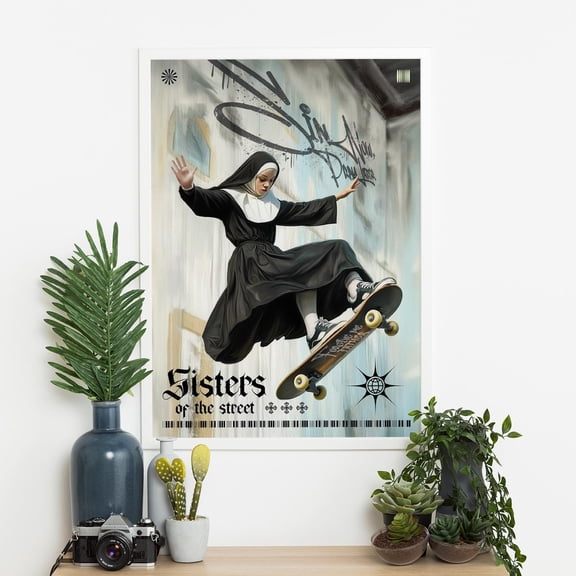 369 Prints sin Now, Pray Later Poster – Urban Grunge Nun Skateboard Print | Edgy Gothic Wall Art Print, Street Culture Decor, Rebellious Aesthetic Art UNFRAMED, 24x36