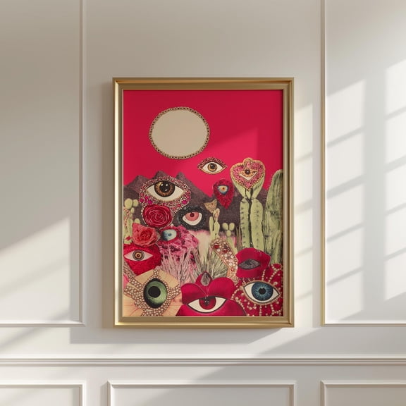 369 Prints surreal Eye Wall Art, Red Desert Landscape Print, Cactus Collage Poster, Mystical Floral Artwork, Maximalist Nature Decor, Dopamine Decor UNFRAMED, 8x12