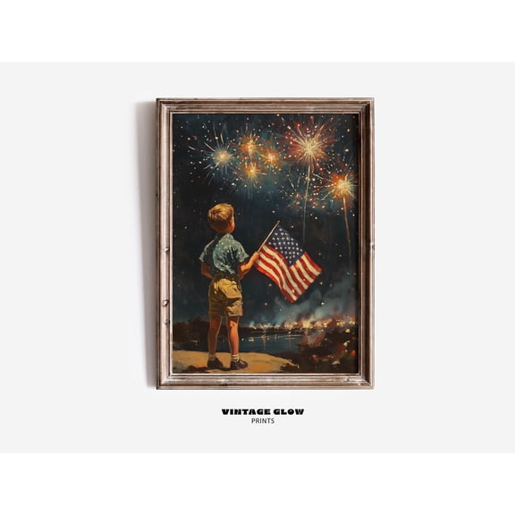 369 Prints vintage 4Th Of July Wall Art | Boy With American Flag And Fireworks | Patriotic Usa Independence Day Decor | #V69 UNFRAMED, 24x36