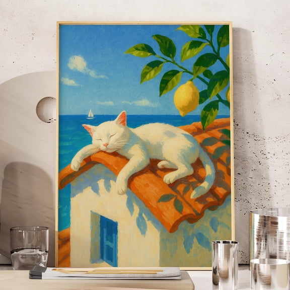 369 Prints cat Wall Art With Lemon Tree And Ocean View, Mediterranean Summer Print For Coastal Kitchen Or Bedroom, Peaceful Beachy Art, Cat Lover Gift UNFRAMED, 12x18
