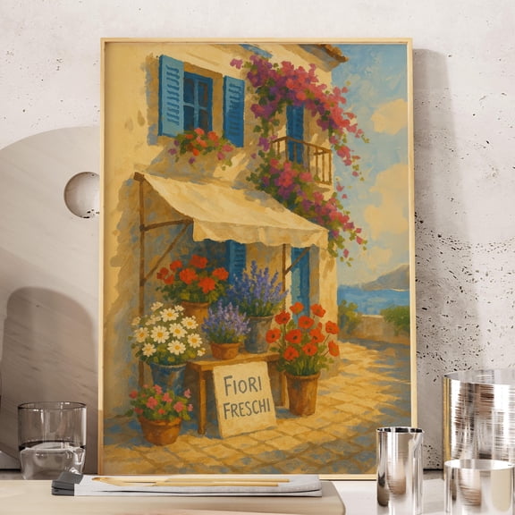 369 Printscoastal Wall Art With Mediterranean Flower Market And Blue Shutters, Summer Poster Print For Beach House Decor, Italian Seaside Print UNFRAMED, 8x12
