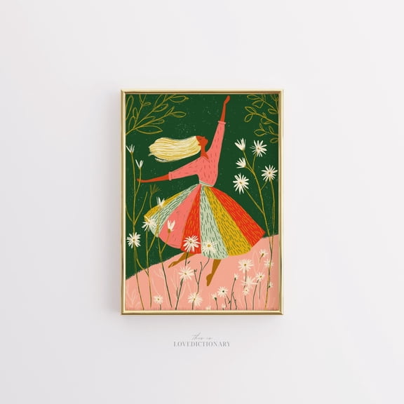 369 Prints dancing Woman Wall Art, Boho Girl Print, Floral Field Poster, Colorful Feminine Decor, Spring Nature Illustration, Whimsical Nursery Art UNFRAMED, 8x12