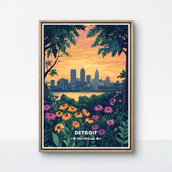 369 Prints detroit Poster, Michigan Skyline Print, Retro Floral City Art, Detroit Sunset View, Wildflower Urban Scene, Detroit Wall Decor UNFRAMED, 8x12