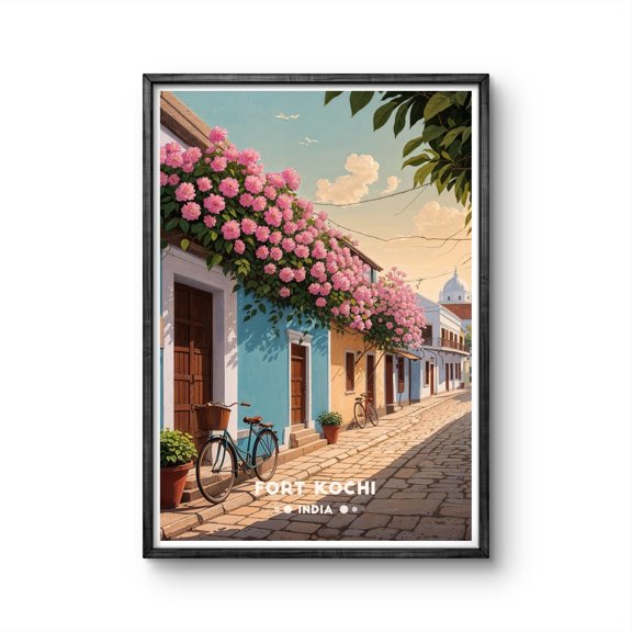 369 Printsfort Kochi India Vintage Poster | Quaint Street Scene With Flowers And Bikes | Retro Travel Wall Art For Home Decor UNFRAMED, 12x18