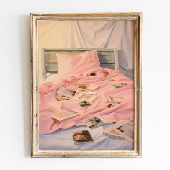 369 Prints girly Pink Bed And Photos Wall Art Print, Preppy Pastel Pink Wall Art, Vintage Trendy Wall Art, Preppy Room Decor, Retro Poster, Poster Only