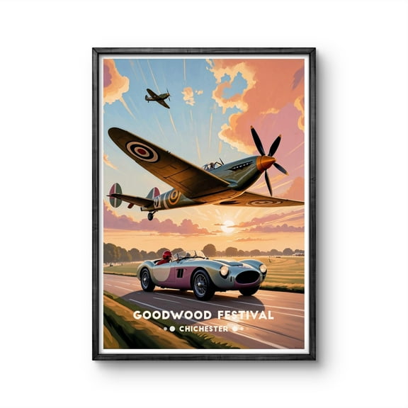 369 Prints goodwood Festival Vintage Poster - Classic Cars And Spitfire Art Print - Chichester Uk Racing Wall Decor Goodwood Estate In Chicheste Art UNFRAMED, 8x12