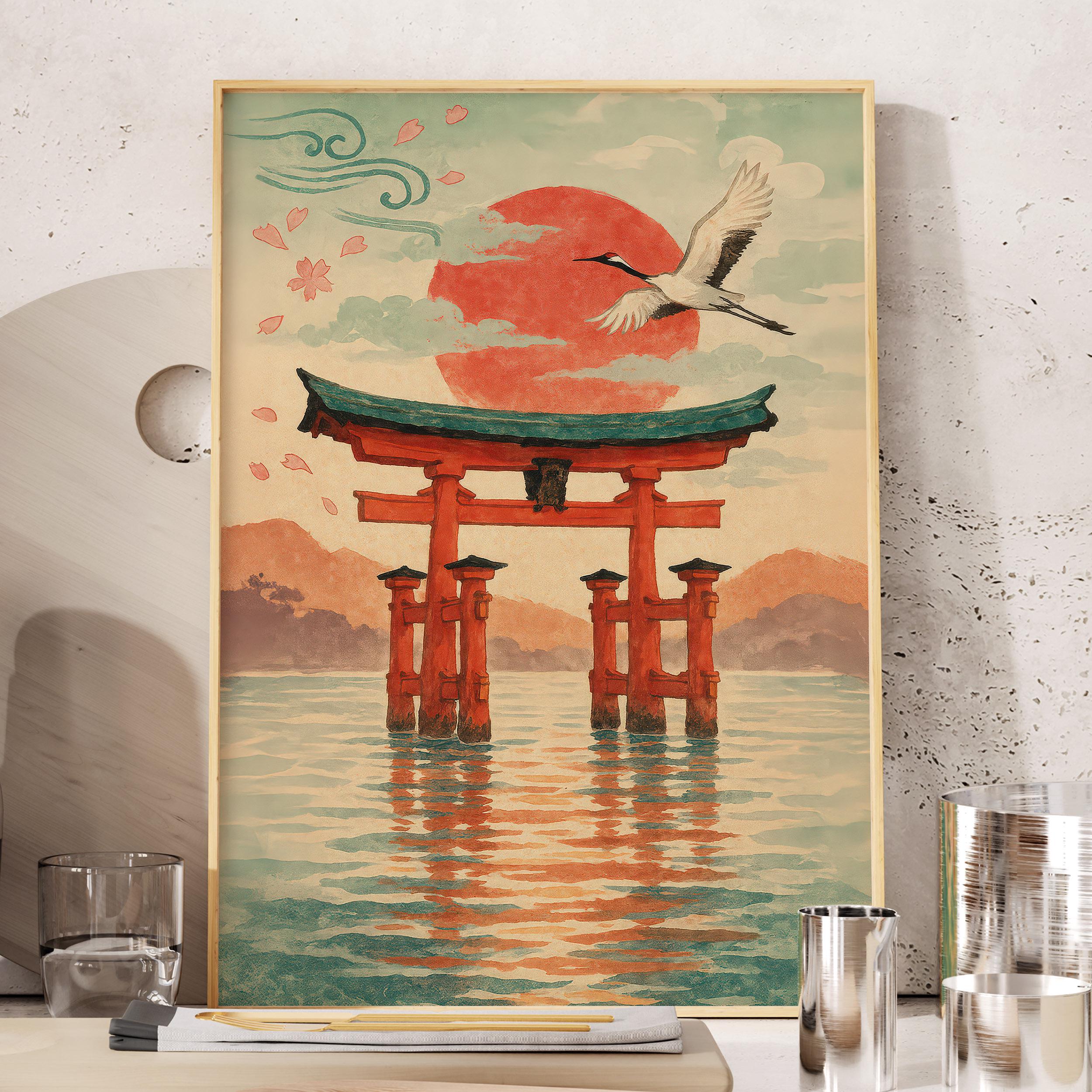369 Prints japanese Landscape Wall Art With Torii Gate And Flying Crane ...