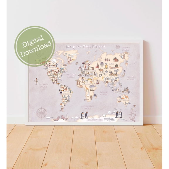 369 Prints kids World Map, Homeschool Educational Poster, Montessori Materials UNFRAMED, 12x18