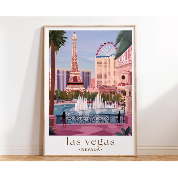 369 Prints las Vegas Bellagio Poster, Fountains At Night Print, Illustrated City Lights Wall Art UNFRAMED, 16x24