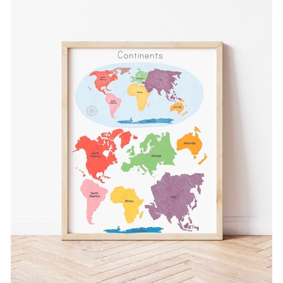 369 Prints montessori World Map Wall Art Continents Educational Poster Homeschool Classroom Nursery Prints Rainbow Kids Room Decor UNFRAMED, 8x12