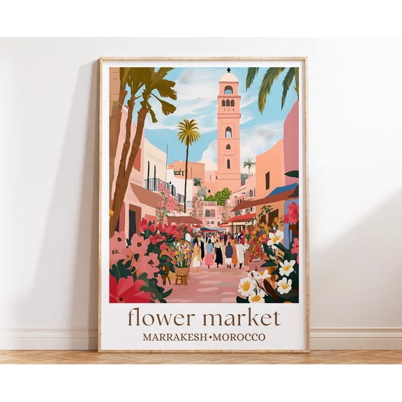 369 Prints morocco Flower Market Art Print, Marrakech Travel Poster, Colorful Market Scene Wall Decor, Boho Global Illustration UNFRAMED, 12x18