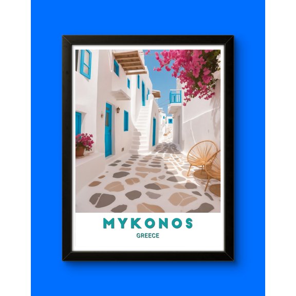 369 Prints mykonos Poster - Charming Greek Alleyway Art Print - Perfect Decor For Home Or Office With Vibrant Colors UNFRAMED, 12x18