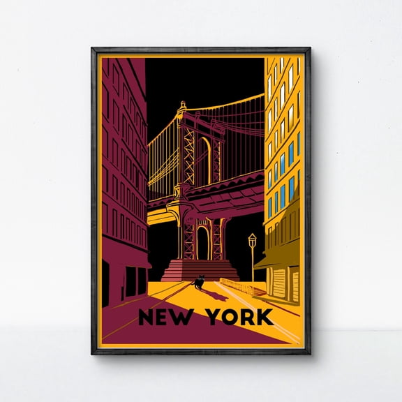 369 Prints new York Poster With Cat Art, Manhattan Bridge Print, Brooklyn Wall Art, Nyc Decor, Urban Yellow Modern City Print Gift, Cat Art Gift UNFRAMED, 24x36