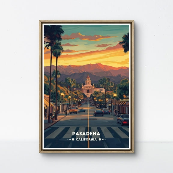 369 Prints pasadena Poster, Sunset City Art, California Street Scene, Pasadena Wall Decor, Retro Civic View, City Hall At Dusk, Socal Skyline Print UNFRAMED, 16x24