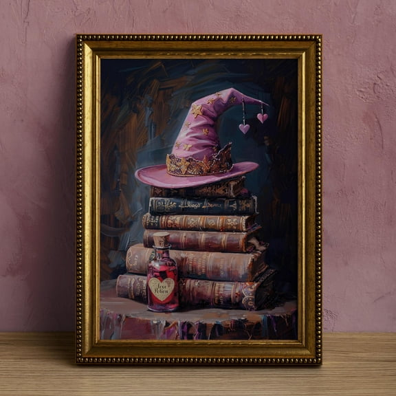 369 Prints pink Witch Hat And Books Halloween Wall Art, Witchy Halloween Room Decor, Girly Halloween Poster, Dark Academia UNFRAMED, 24x36