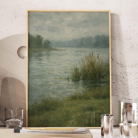 369 Prints rustic Lake Landscape Wall Art, Vintage Forest And Water Scene Print In Green Tones For Nature Inspired Home Decor UNFRAMED, 16x24