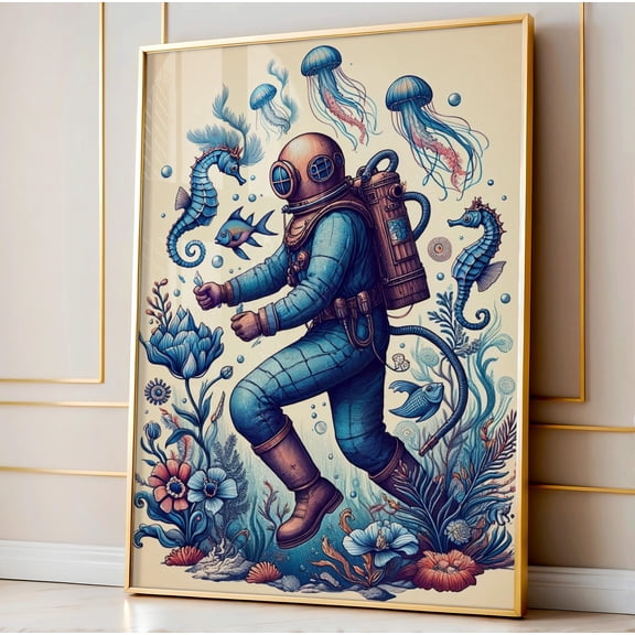 369 Prints vintage Beach Wall Art, Vintage Scuba Diver Wall Art, Coastal And Nautical Decor, Beach Wall Decor, Mermaidcore Decor, Ocean Wall Print UNFRAMED, 16x24