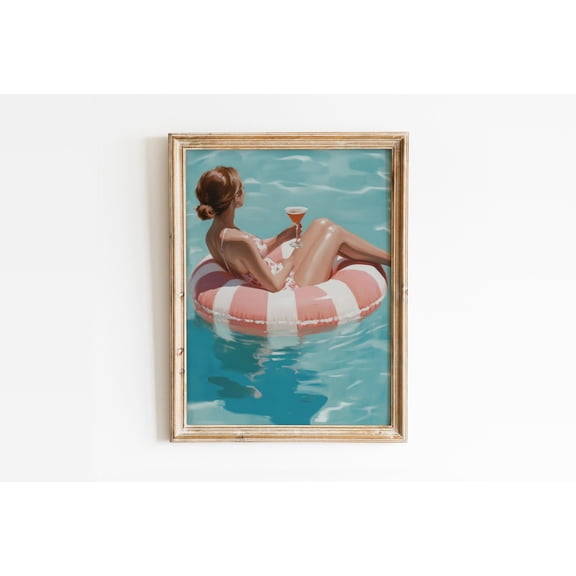 369 Prints woman With Cocktail Wall Art, Trendy Summer Poster, Preppy Room Decor, Retro Swimming Pool Print, Pink Swim Ring UNFRAMED, 16x24