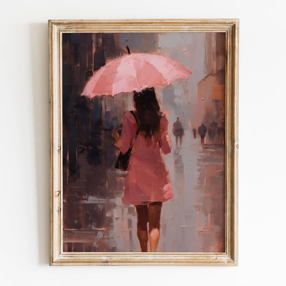 369 Prints woman With Pink Umbrella Girly Wall Art, Preppy Fall Room Decor, Vintage Rain, Trendy City Poster, Pink UNFRAMED, 16x24