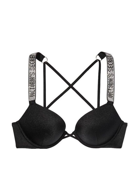 36C New Victoria's Secret Shine Strap BOMBSHELL Add 2 cups Swimsuit Black Bikini Swim Top