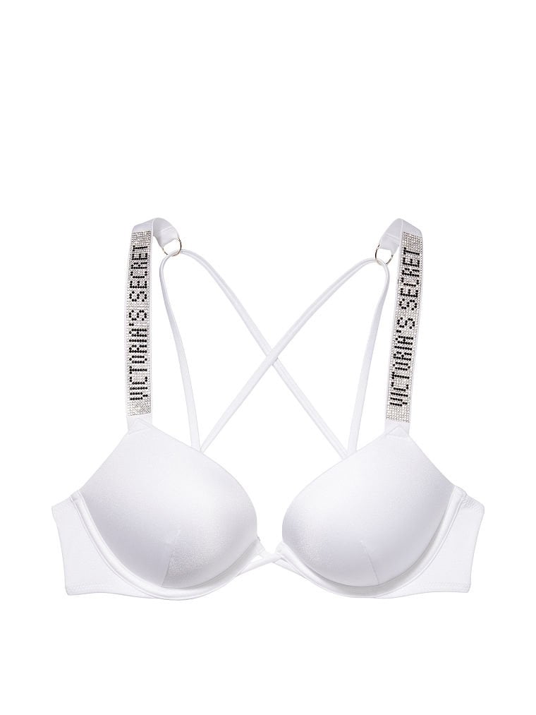 36C VICTORIA'S SECRET Shine Strap Bombshell Add-2-cups Push-Up Swim Bra Top  White Crystal Band