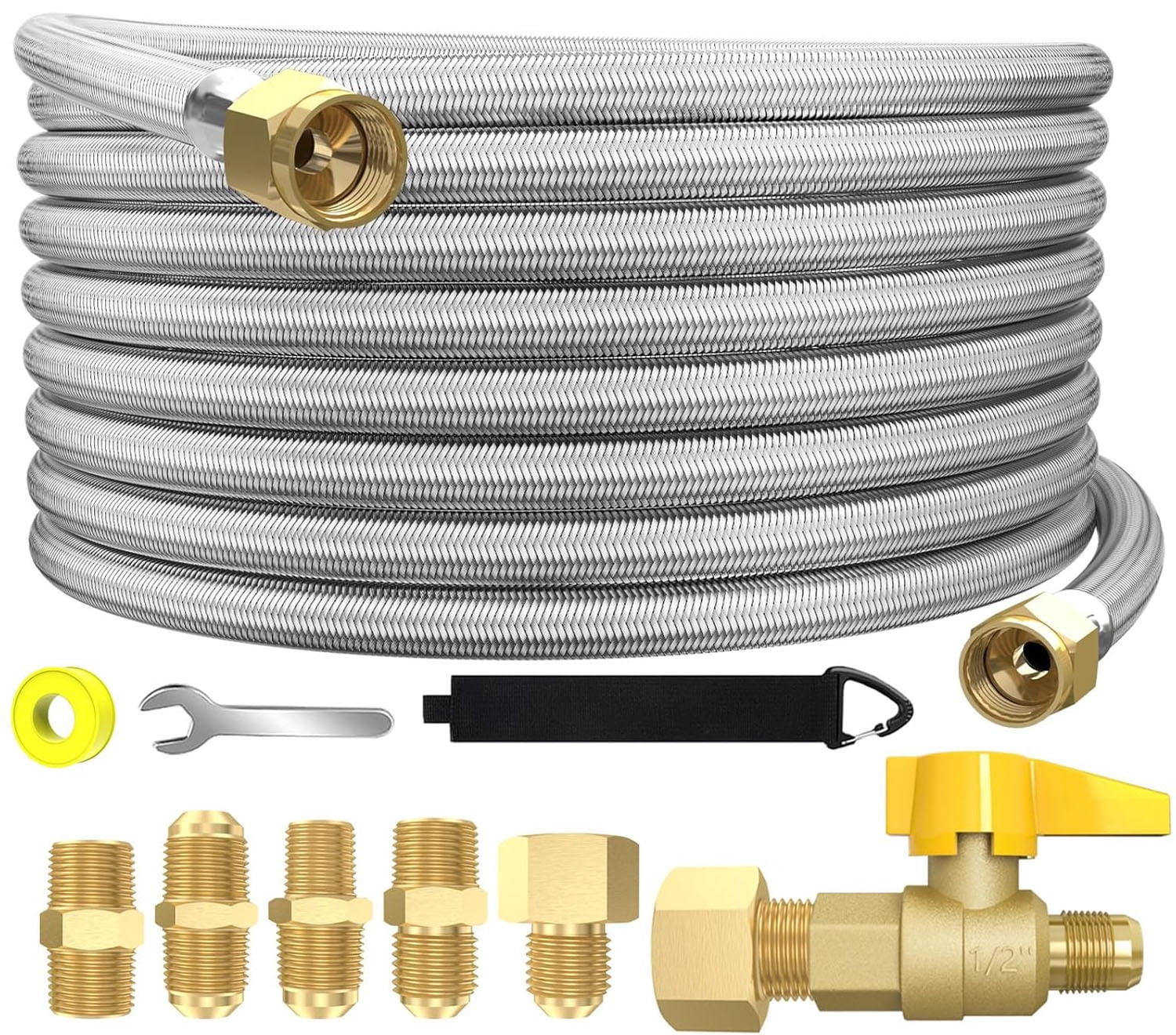 36FT 350PSI High-Pressure Braided Propane Hose, Brass Gas Ball Valve, with Adapters: 3/8" Flare to 1/2" F-NPT, 1/4" & 3/8" M-NPT, for BBQ Grills, Fire Pits, Heaters.